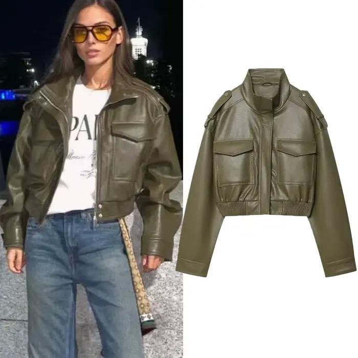Veste simili cuir vert armée femme streetwear pour automne hiver occassions spéciales et mode urbain