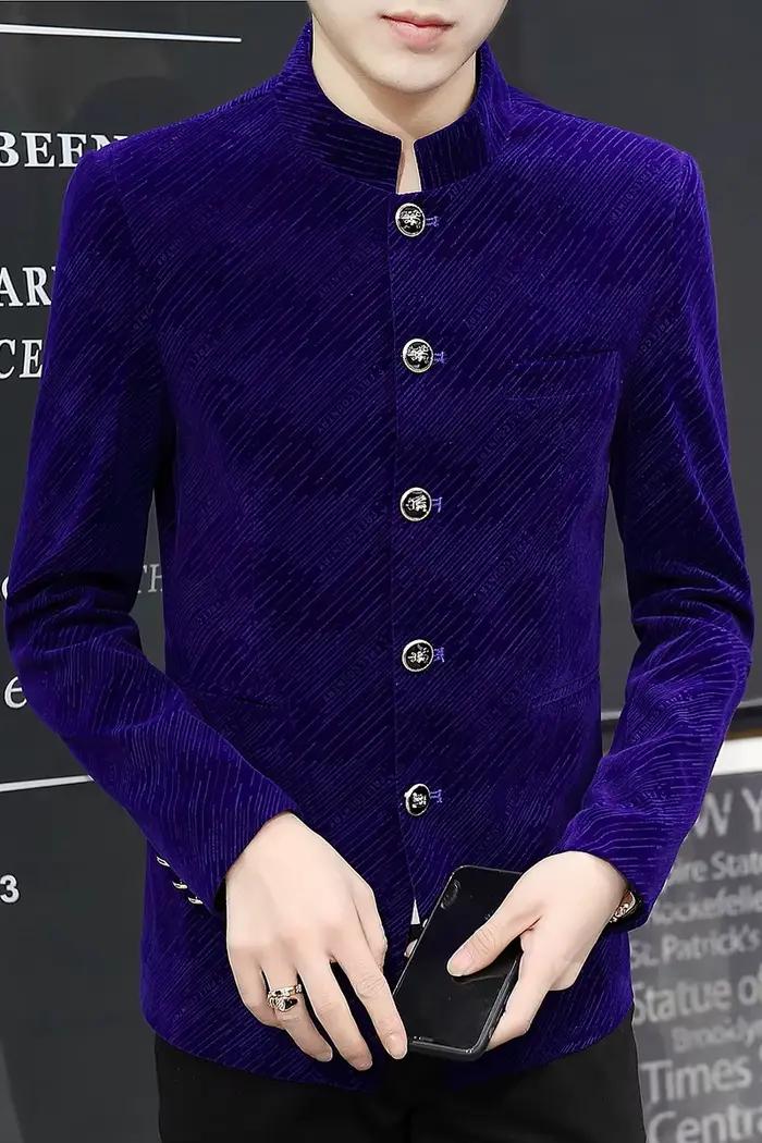 Veste de costume en velours rétro pour hommes, style Slim Fit, col montant, blazer décontracté, vêtement de cérémonie, manteau printanier et automnal