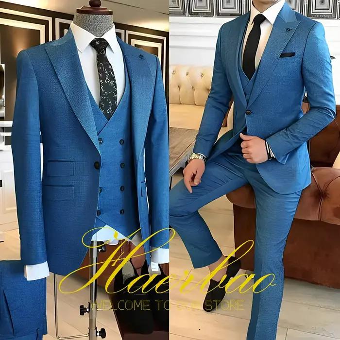 Costume bleu marine élégant pour hommes, ajustement parfait, matériau acétate/acrylique, pour mariages et événements formels