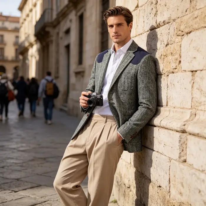 Blazer en tweed pour homme, mélange de laine à chevrons, écussons en velours aux épaules, coupe ajustée, veste de costume formelle, style britannique, manteau sport vintage