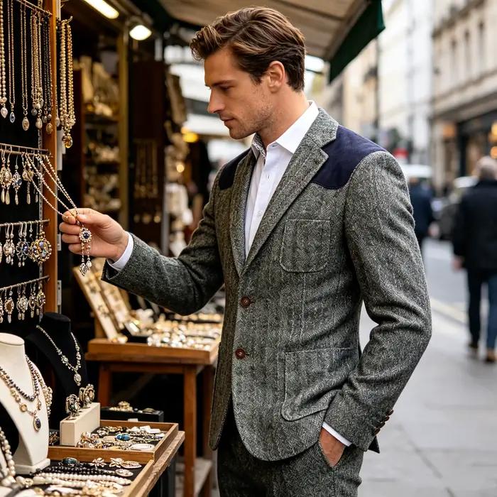 Blazer en tweed pour homme, mélange de laine à chevrons, écussons en velours aux épaules, coupe ajustée, veste de costume formelle, style britannique, manteau sport vintage