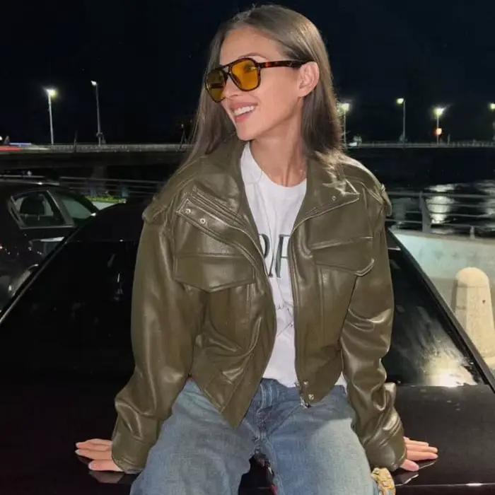 Veste simili cuir vert armée femme streetwear pour automne hiver occassions spéciales et mode urbain