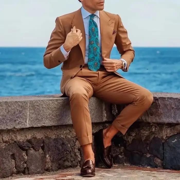 Costumes de smoking à boutonnage simple pour hommes, veste et pantalon, revers Patricia, marron, décontracté, mariage, été, mode, 2 pièces