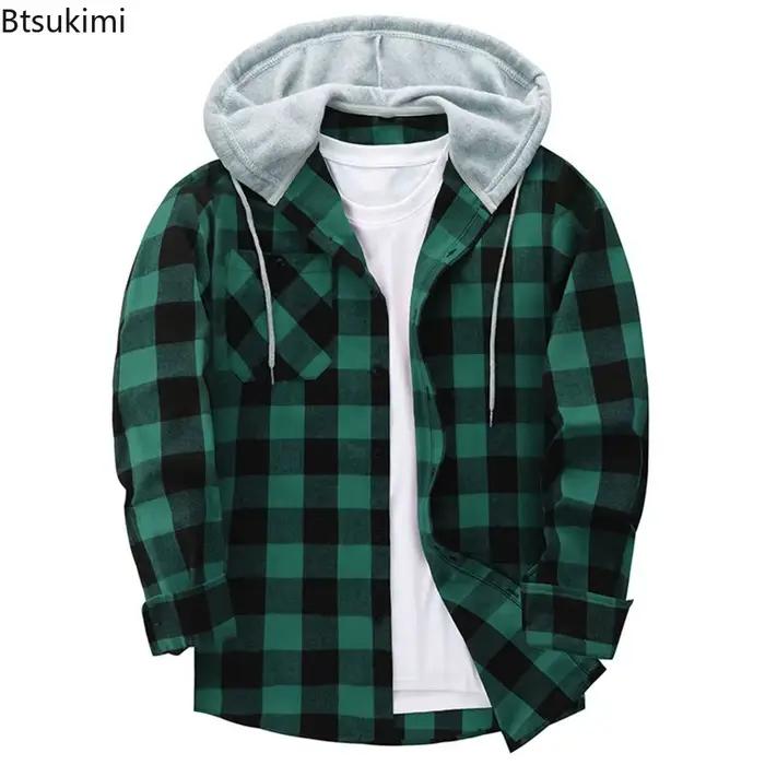 Nouveaux hommes classique chemise à carreaux manteau printemps automne flanelle à manches longues sweats à capuche