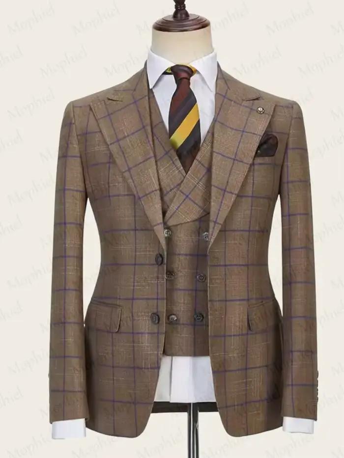 Costume trois pièces à carreaux marron pour homme, élégant, ajusté, personnalisable pour affaires et événements spéciaux
