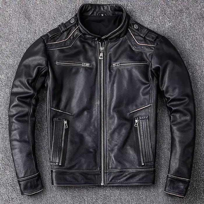 Veste en cuir de vachette véritable noir rétro pour hommes