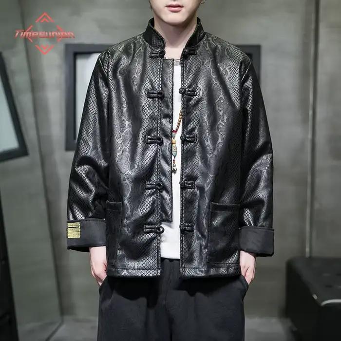 Nouveau Style Chinois Printemps Automne Veste pour Hommes Mode en peau de Serpent Jacquard Daim Velours Hanfu