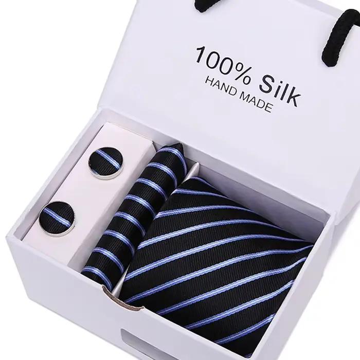 Coffret cadeau cravate homme cinq pièces costume formel bureau affaires 7.5 cm rayé bleu noir