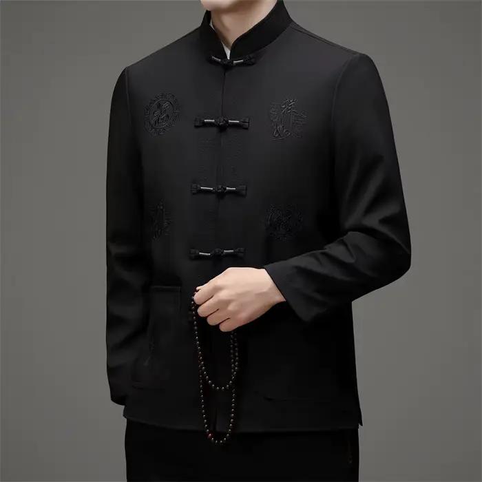 Veste de Style Chinois pour Hommes avec Boutons de Grenouille, Doublée Polaire Brodée à Col Montant, Haut Traditionnel Asiatique Tang Zhuang Occasions Spéciales et Quotidiennes