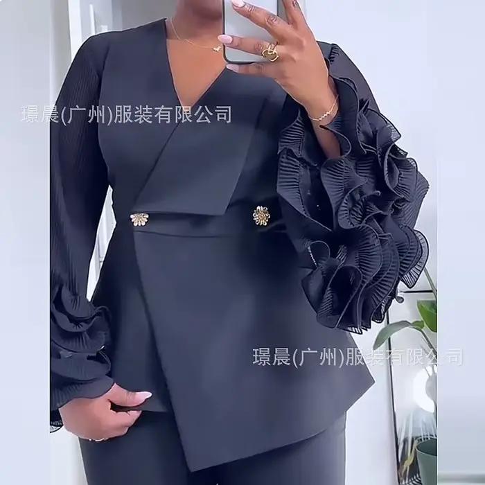 Ensemble assorti Blazer à manches longues Veste de costume Pantalon à bordure en dentelle