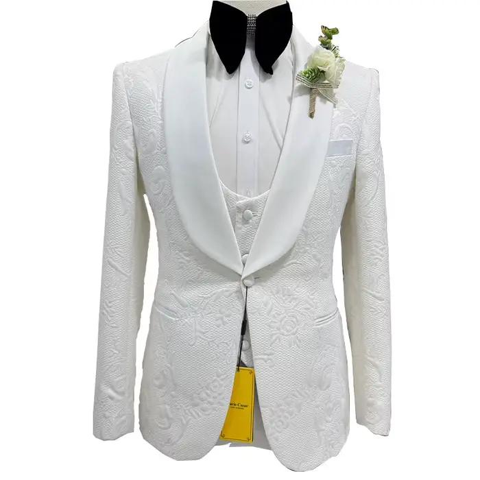 Costume de mariage pour homme blanc 3 pièces, veste jacquard, gilet, pantalon noir, coupe ajustée sur mesure, tenue décontractée ou formelle pour hôte ou soirée