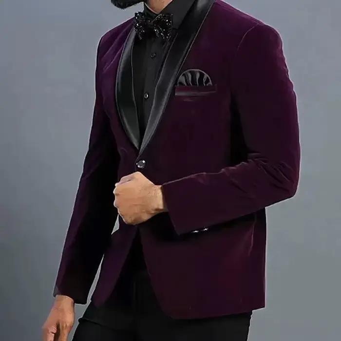 Blazer de costume en velours violet pour homme