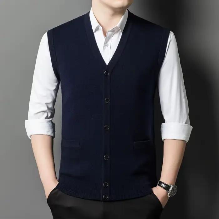 2025 hommes 100% laine mérinos super fine gilets sans manches Cardigans homme Pure