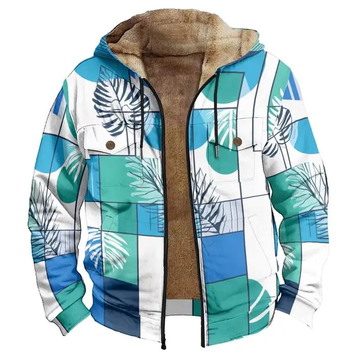 Hommes hiver géométrique feuille de palmier à pois vestes à capuche manteaux imprimer peluche épais chasse fermier Streetwear vêtements d'extérieur à la mode