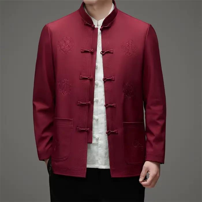 Veste de Style Chinois pour Hommes avec Boutons de Grenouille, Doublée Polaire Brodée à Col Montant, Haut Traditionnel Asiatique Tang Zhuang Occasions Spéciales et Quotidiennes