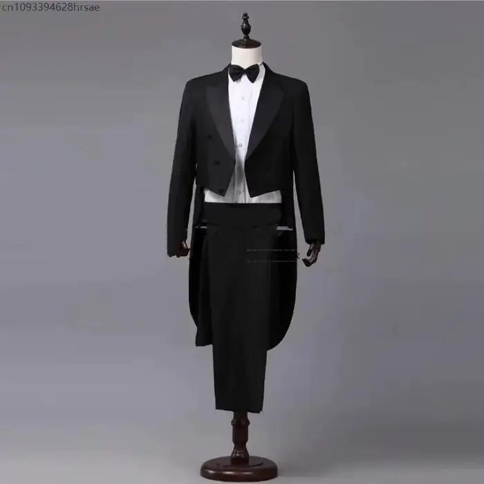 Costume de chanteur manteau queue à revers noir et blanc blazer smoking vintage gilet pantalon cravate ensemble bal mariage occassionnels spéciales
