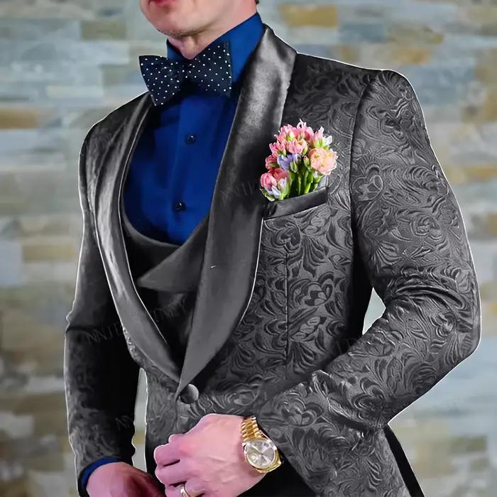 Costume bleu marine élégant pour hommes occasion mariage et événements formels Jacquard en laine ajustement parfait多种样式西装套装男装结婚礼服正装马甲三件套晚礼服2024