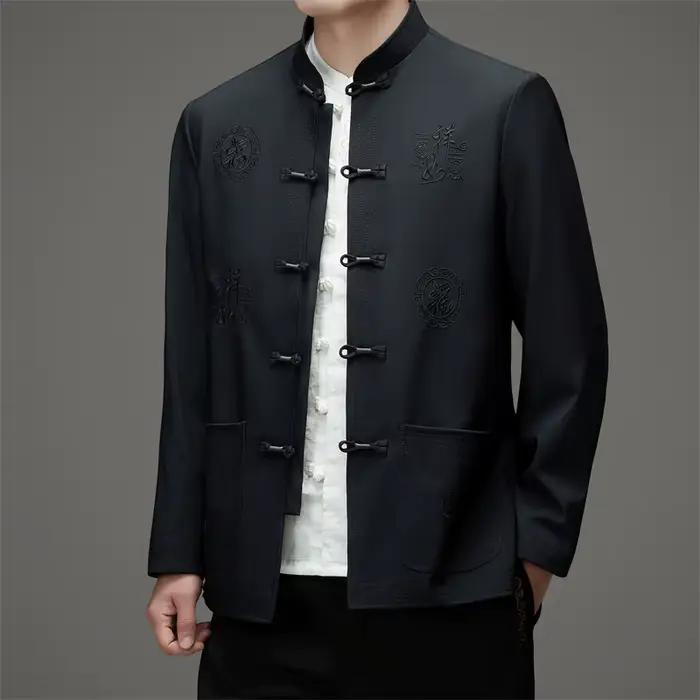Veste de Style Chinois pour Hommes avec Boutons de Grenouille, Doublée Polaire Brodée à Col Montant, Haut Traditionnel Asiatique Tang Zhuang Occasions Spéciales et Quotidiennes