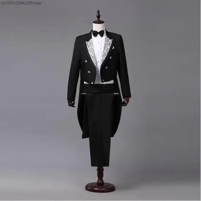 Costume de chanteur manteau queue à revers noir et blanc blazer smoking vintage gilet pantalon cravate ensemble bal mariage occassionnels spéciales