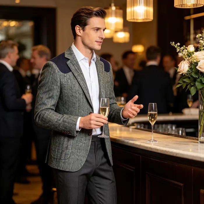 Blazer en tweed pour homme, mélange de laine à chevrons, écussons en velours aux épaules, coupe ajustée, veste de costume formelle, style britannique, manteau sport vintage