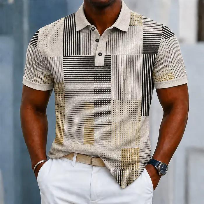 Polo pour homme beige à rayures géométriques