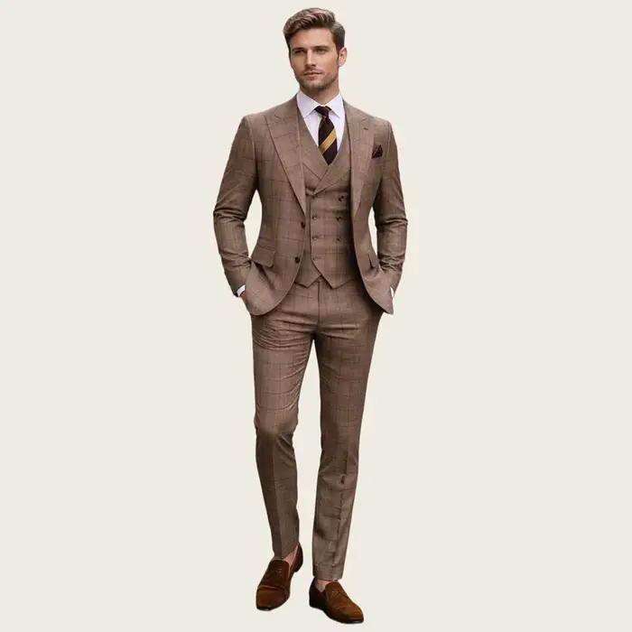 Costume trois pièces à carreaux marron pour homme, élégant, ajusté, personnalisable pour affaires et événements spéciaux