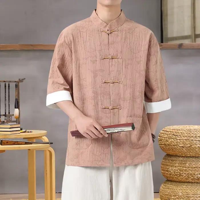 Chemise imprimée légère à col Mandarin pour hommes
