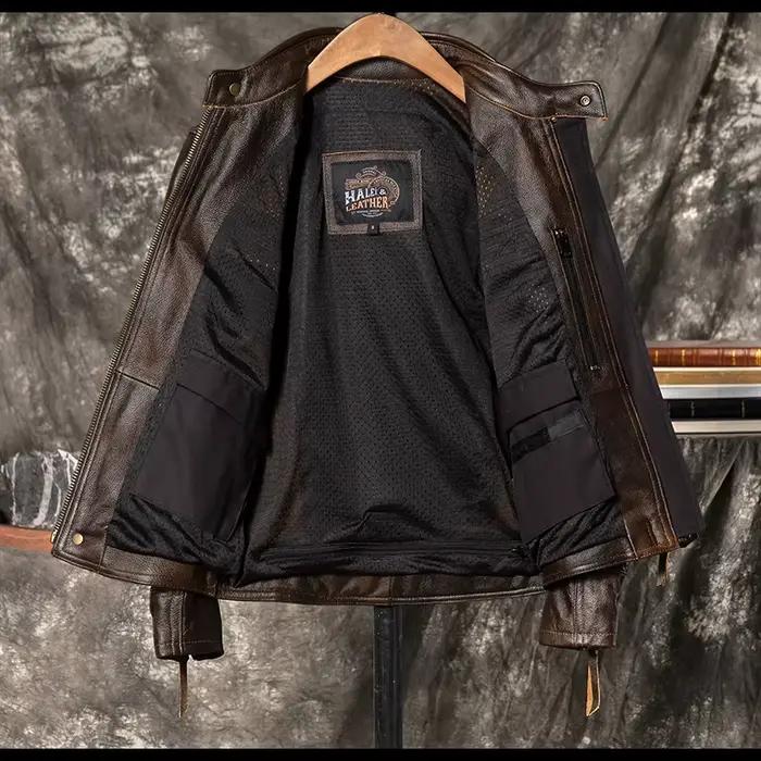 Veste d'automne en cuir marron foncé pour hommes
