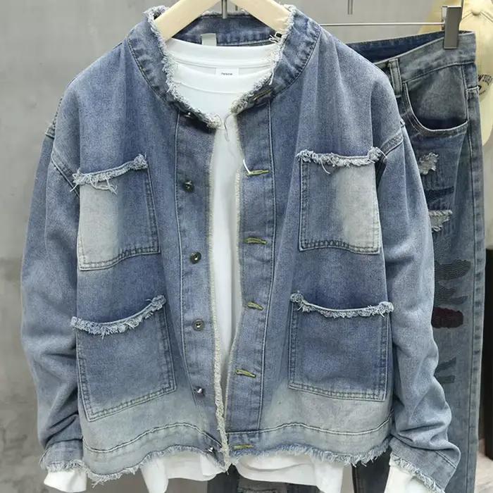 Printemps automne nouveaux hommes veste en jean à franges américain rétro haute rue poches bleu manteaux décontracté ample mode polyvalent hauts