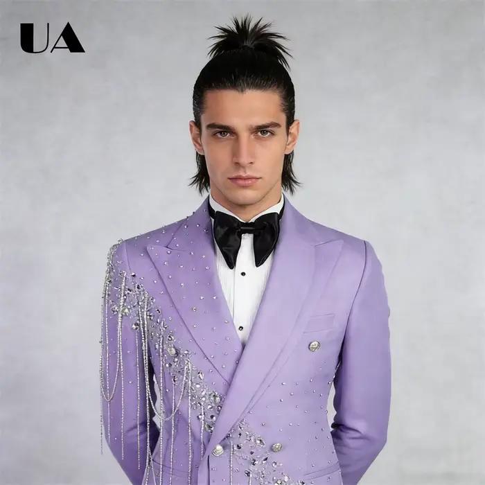 Costume de Mariage Lilas pour Homme, Ensemble de Costume avec Pompons en Strass pour Cérémonies Formelles et Soirées Élégantes ```