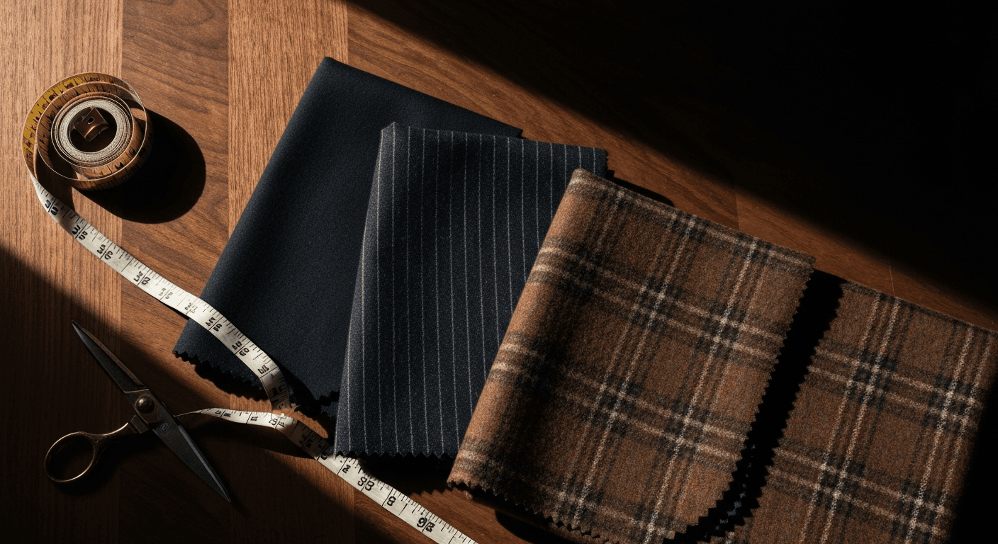 Trois échantillons de drap superposés : navy super 150s, pinstripe charcoal flanelle anglaise, glen plaid brun chocolat italien