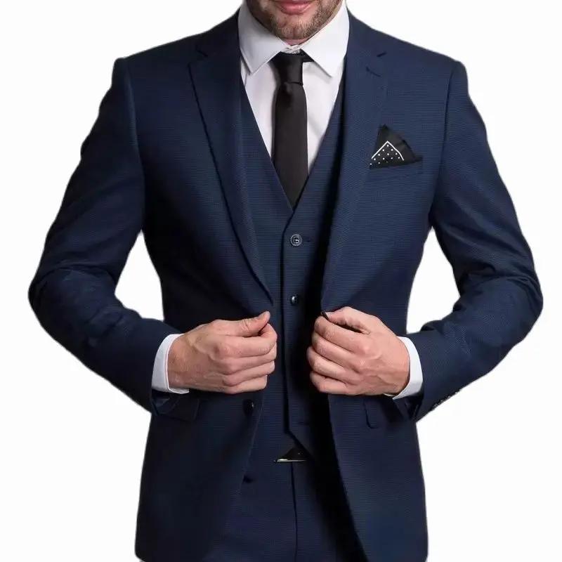 Costumes pour hommes bleu marine, coupe cintrée, Tuxedos de mariage à revers cranté, ensembles de 3