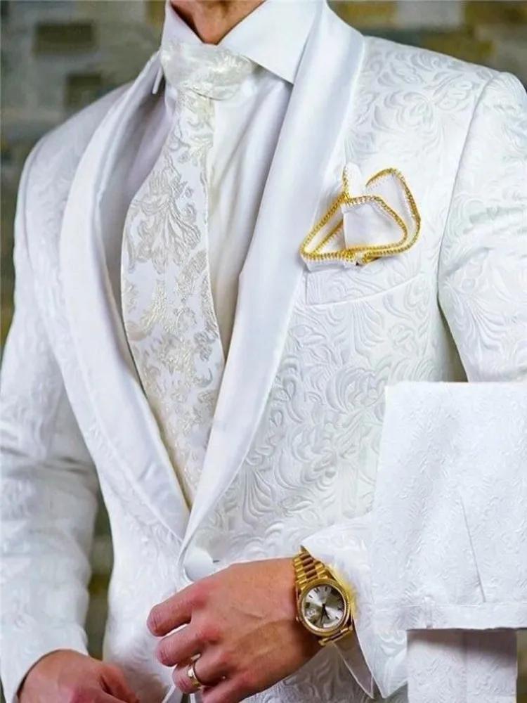 GroomTIME-Costumes 2 pièces en satin blanc pour hommes, smokings de marié, châle, revers, mariage, m