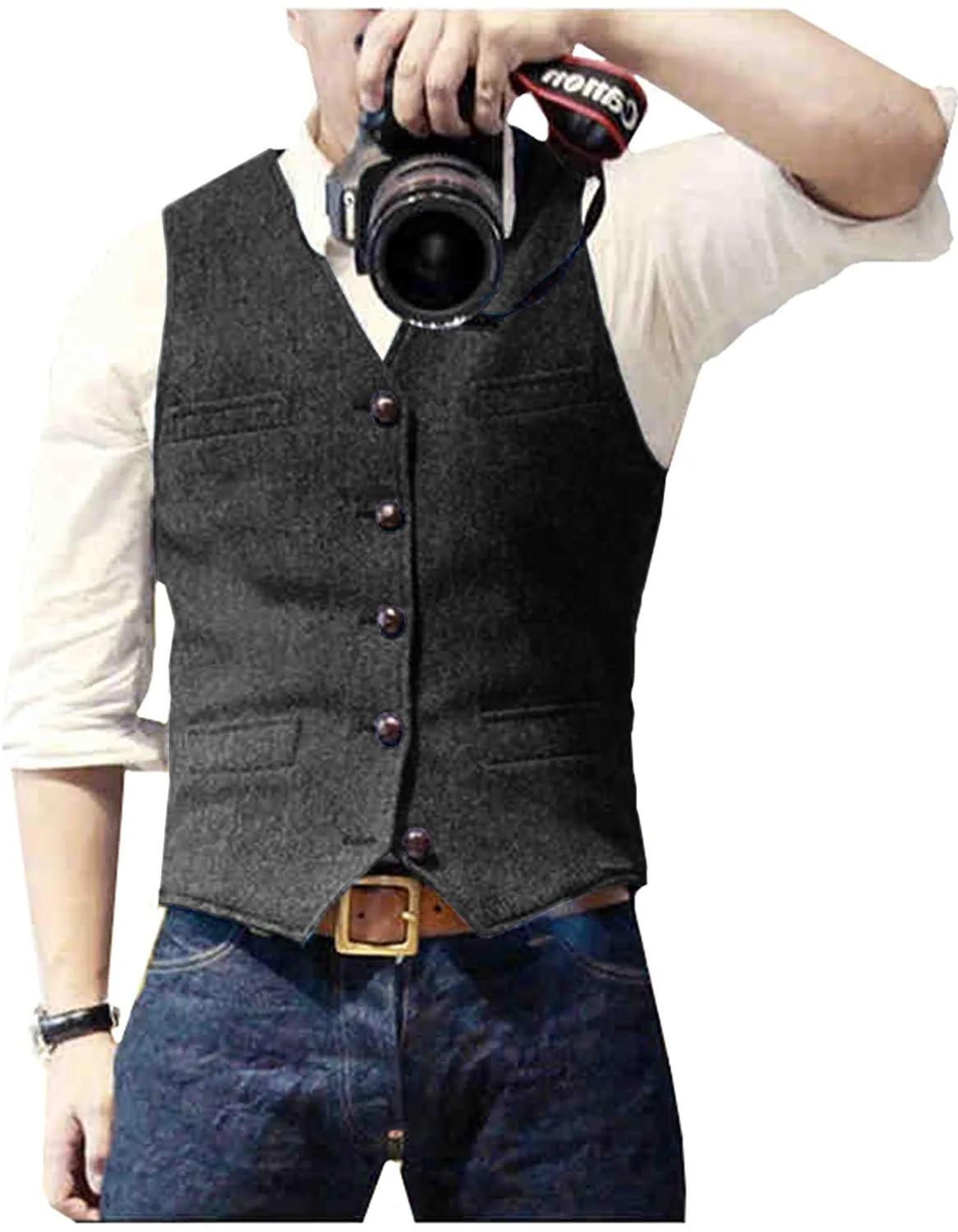 Gilet de costume classique décontracté pour hommes, col en V, Tweed à chevrons, coupe cintrée, gilet