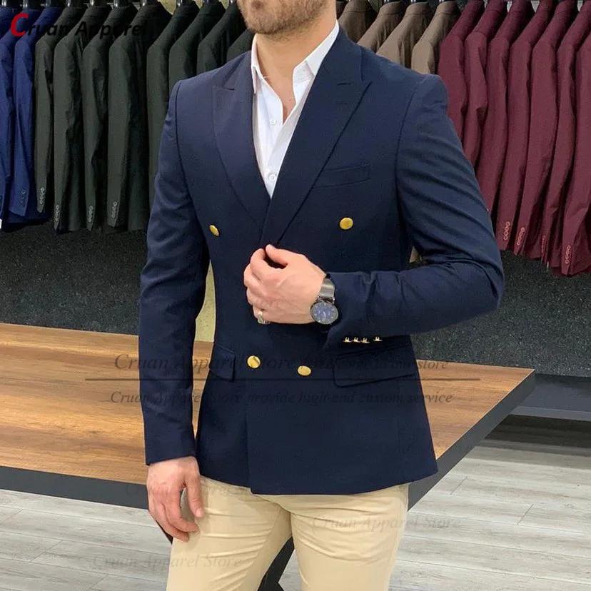 Veste slim à double boutonnage pour homme, blazer bleu marine, manteau décontracté, affaires formell
