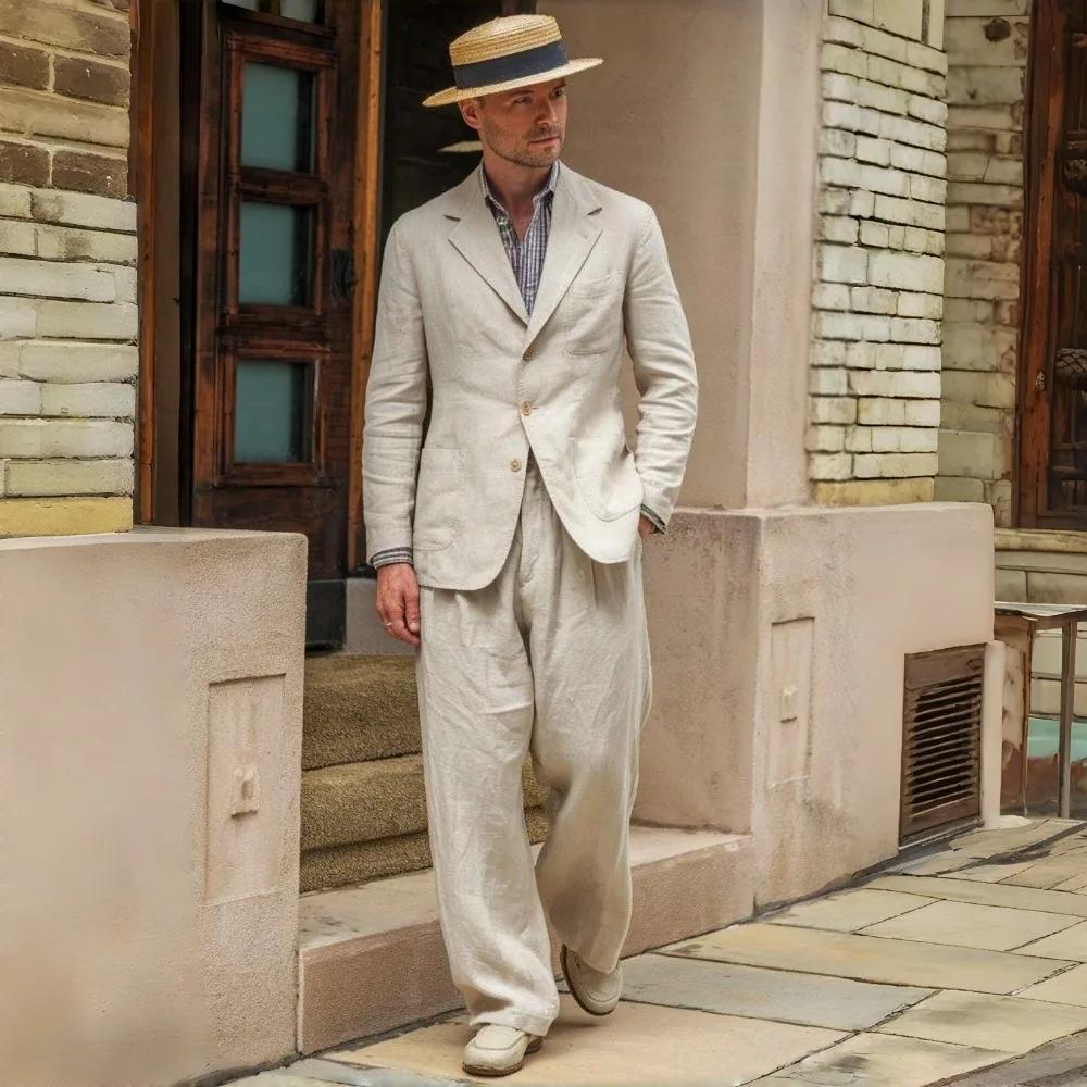Costume de bal décontracté en lin beige 2 pièces style vintage années 70 pour homme, ensemble blazer