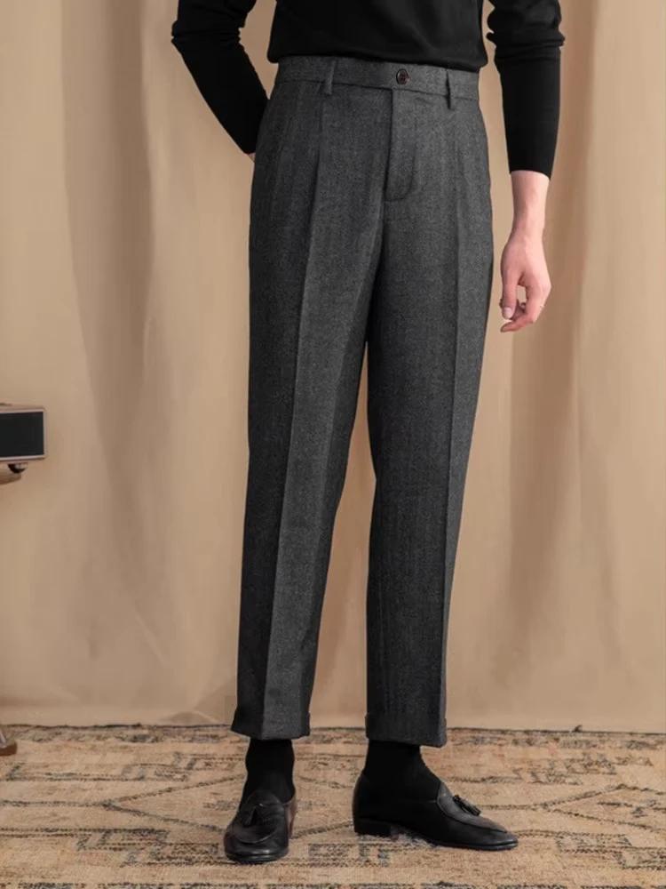 Pantalon de costume Vintage italien pour hommes, automne hiver, laine, motif à chevrons, pantalon dr