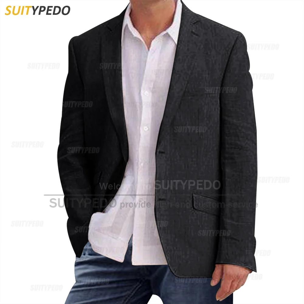 Blazers en lin bleu pour hommes, coupe couvertes, 2 boutons, veste trempée, été, affaires, mariage,