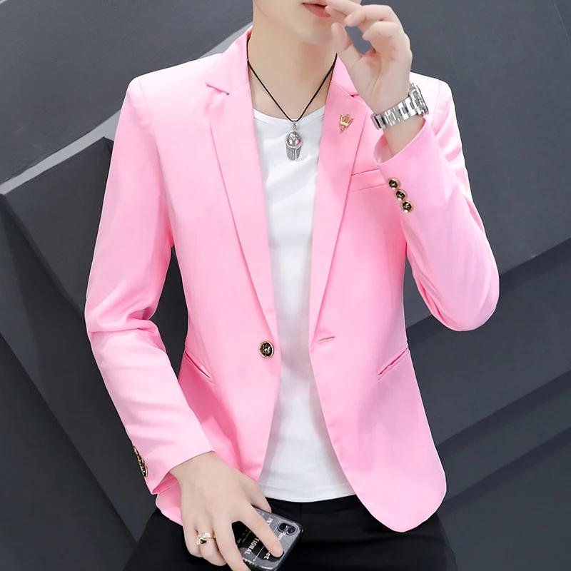 Costume rose coréen pour hommes, coupe cintrée, manteau décontracté, belle personnalité, tendance pr