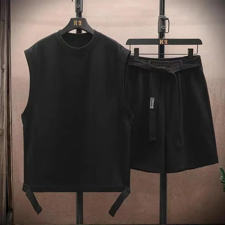 Costume sans manches gaufré pour hommes, gilet ample, tendance, gilet sans manches, short, ensemble