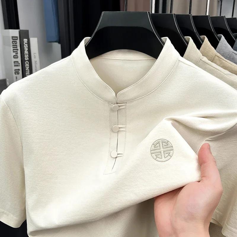 T-shirt décontracté pour homme à col mandarin et manches courtes, style chinois, avec boutons grenou