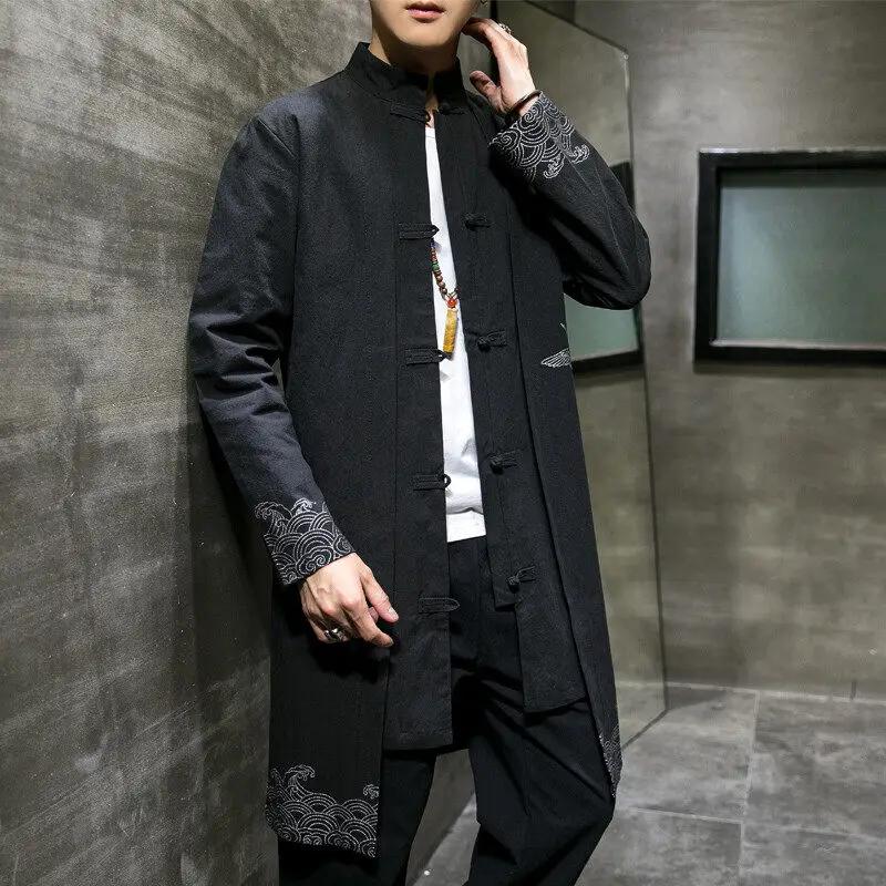 Manteau trench noir pour homme de style chinois, col montant à simple boutonnage, veste longue, tail