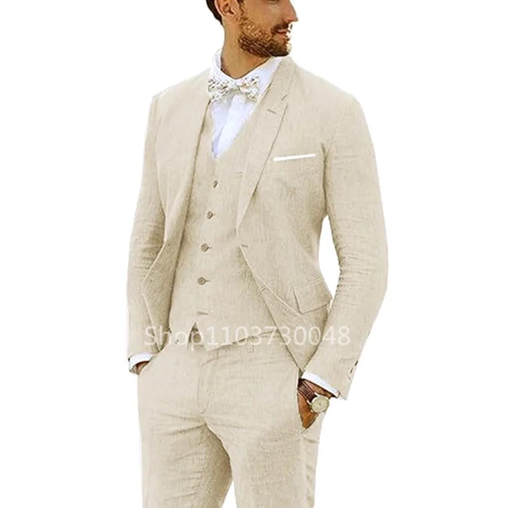 Costume 3 Pièces en Lin Beige/Bleu pour Homme, Blazer Décontracté à Simple Boutonnage, Slim Fit, Gla