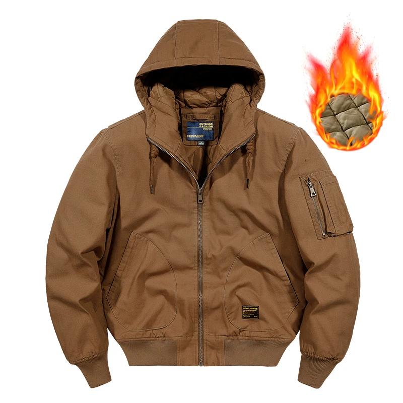 Blouson aviateur militaire en coton à capuche pour hommes, manteau d'extérieur décontracté, poches,