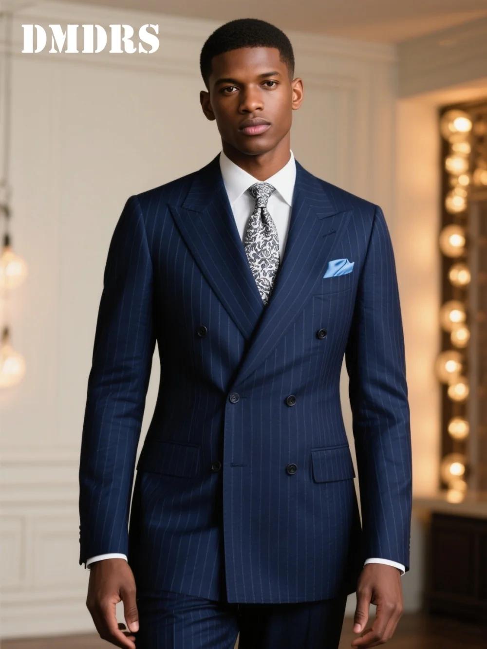 Costume Double boutonnage à fines rayures bleu marine pour hommes, ensemble de costume de marié form