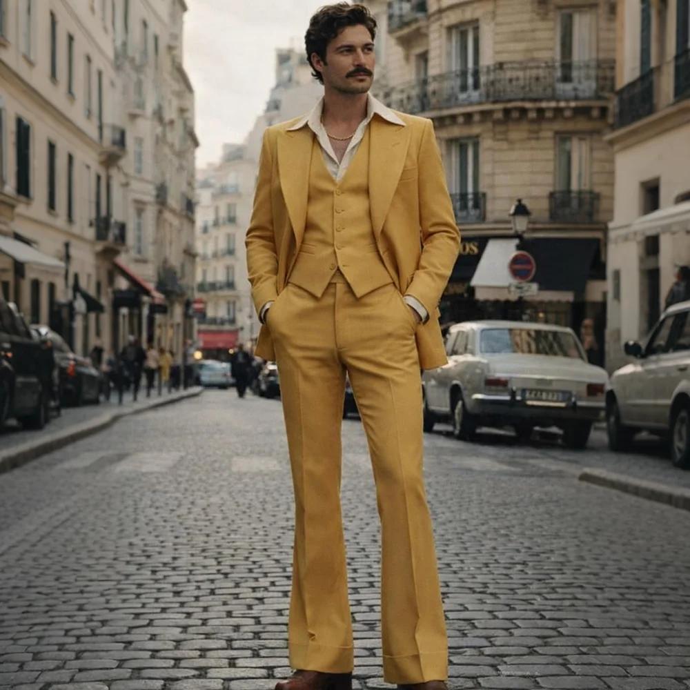 Costume 3 pièces vintage jaune moutarde pour homme, style années 70, avec blazer à simple boutonnage
