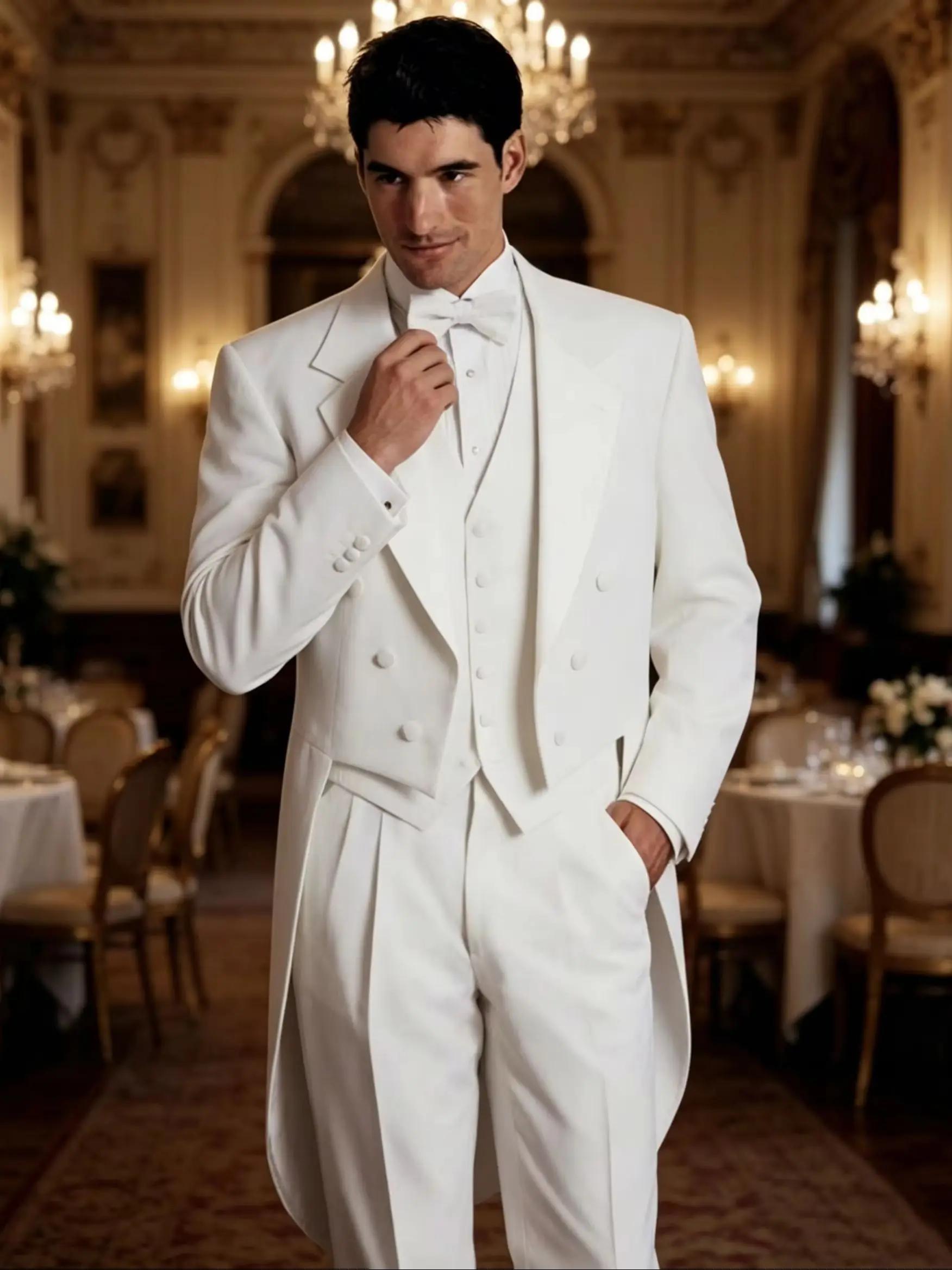 Costume de smoking blanc pour homme avec veste queue de pie et pantalon pour mariage, fête, danse, s