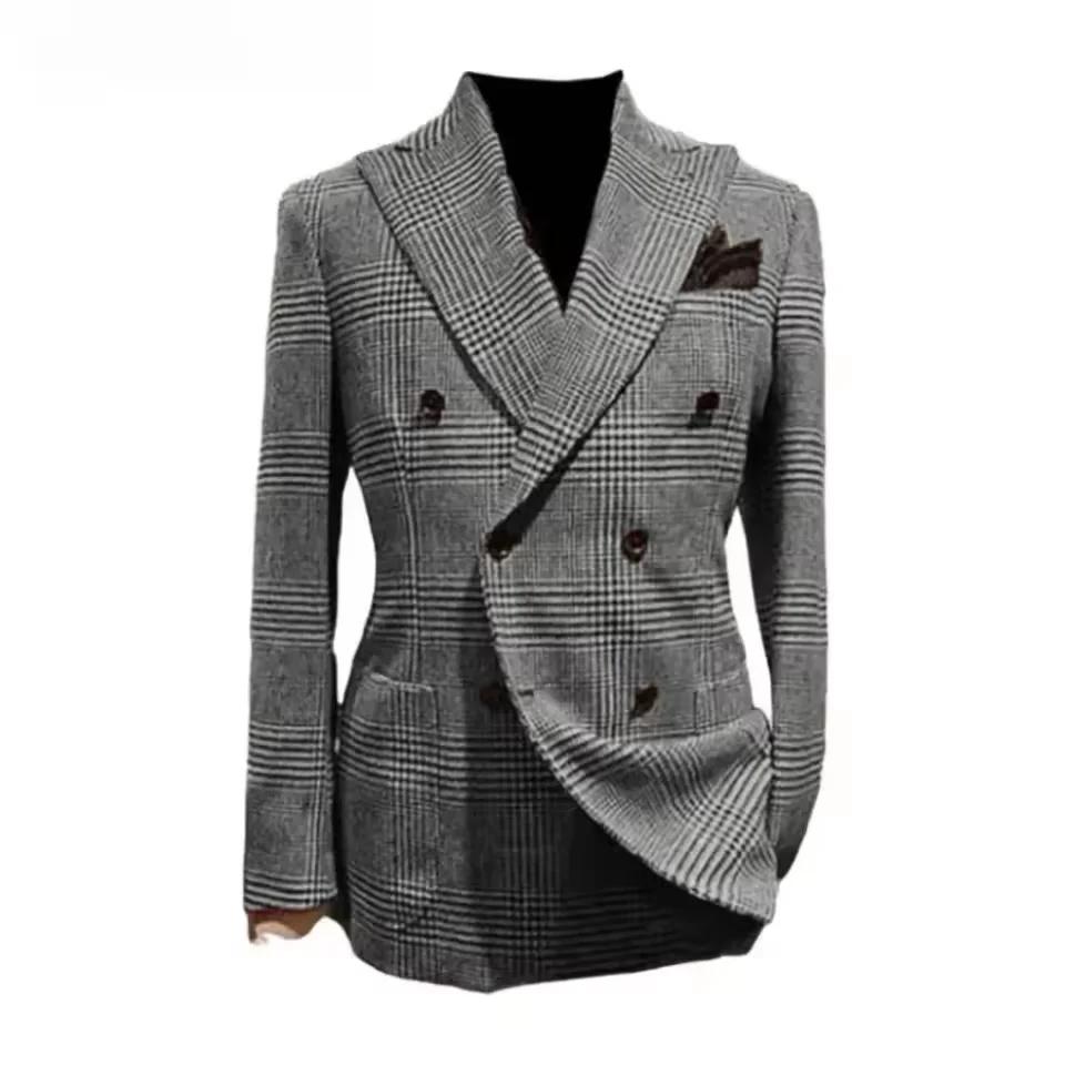 Veste formelle pour hommes pied-de-poule laine marron Blazer avec revers de pointe décontracté maria
