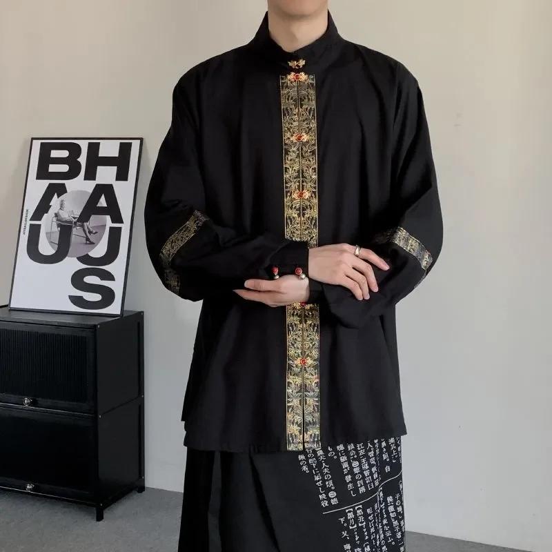 Chemise noire de Style chinois pour hommes, haut brodé à manches longues et col Mandarin pour vêteme