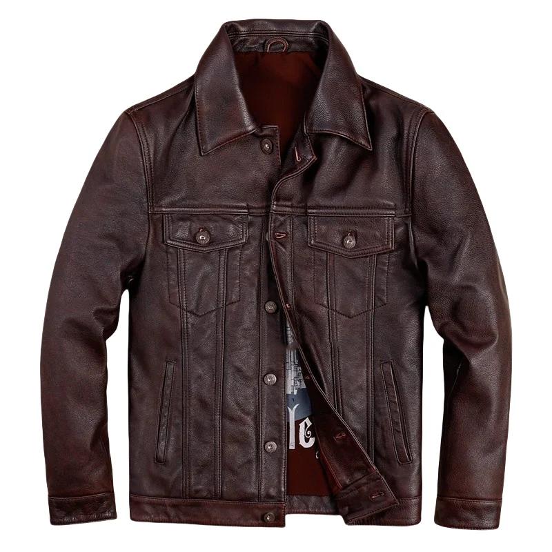 Veste en cuir marron rouge automne pour homme, style vintage, grande taille 7XL, en cuir de vache vé